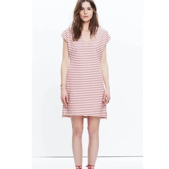 MADEWELL Cream Red Striped V-Neck Oversized Shift Dress Size XXS - Picture 1 of 9